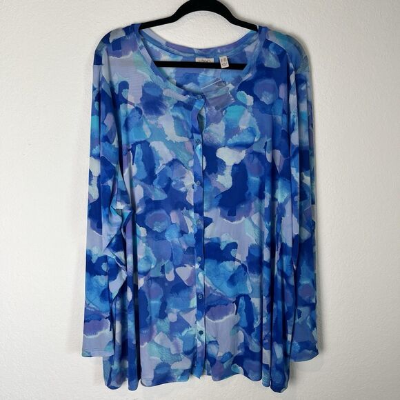 LOGO Layers Lori Goldstein Watercolor Printed Mesh Cardigan Women's 4X Blue Sea - Picture 1 of 8